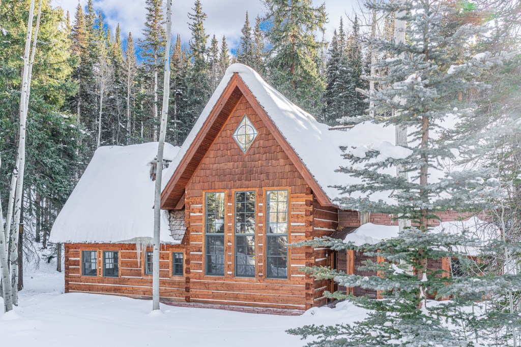 Wooden cabin covered in snow and surrounded by snow covered trees.