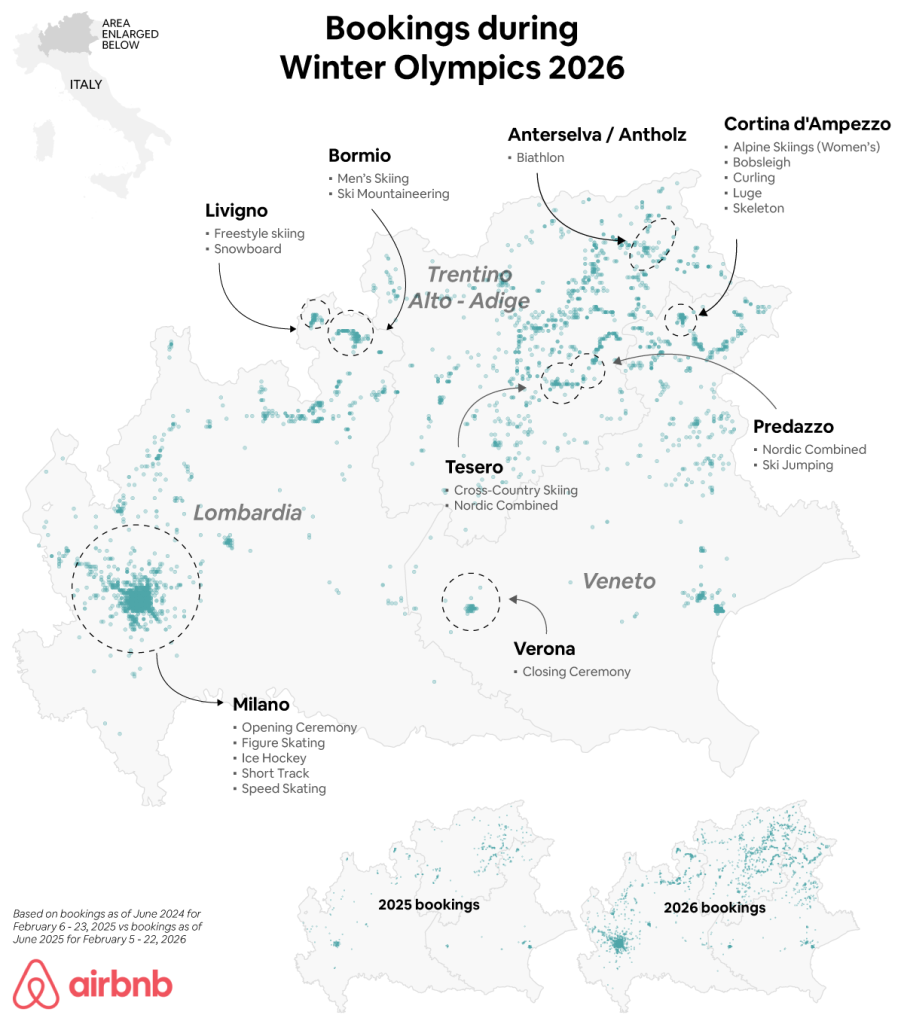 Map of bookings during the Winter Olympics 2026 in Italy