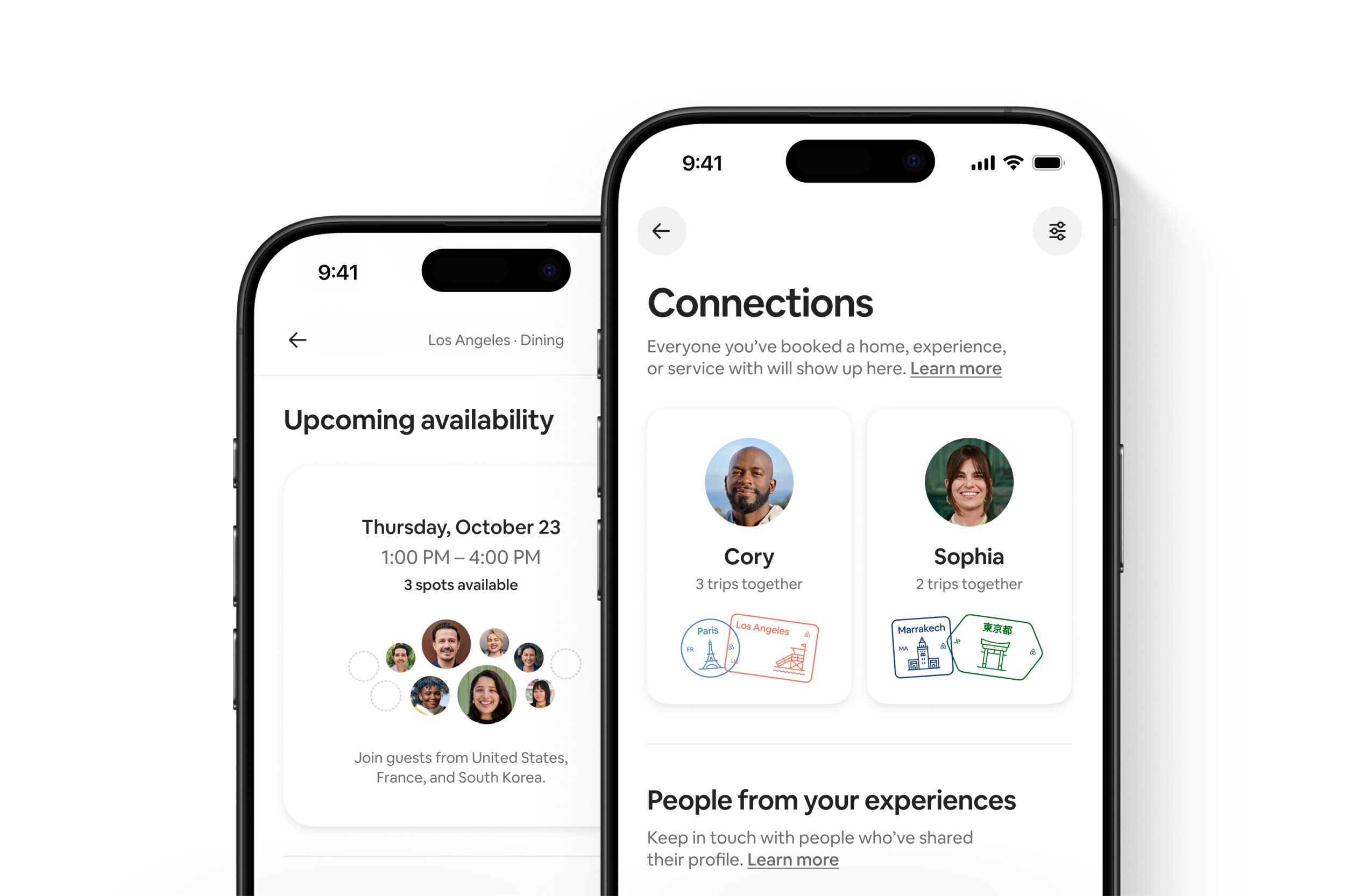 Newsroom Header – Fall 2025 Product update- O21 – Airbnb The image shows two smartphone screens displaying an app interface. The left screen is titled "Upcoming availability," displaying a specific time slot, "Thursday, October 23, 1:00 PM - 4:00 PM," with "3 spots available." Below this, there are circular icons with smiling faces, and a note says "Join guests from United States, France, and South Korea." The right screen shows a section titled "Connections" with information about people with whom the user has booked trips. Two profiles are shown: one of a person named Cory, with "3 trips together," and the other of a person named Sophia, with "2 trips together." Each profile has circular images of the persons and icons resembling passport stamps with city names.