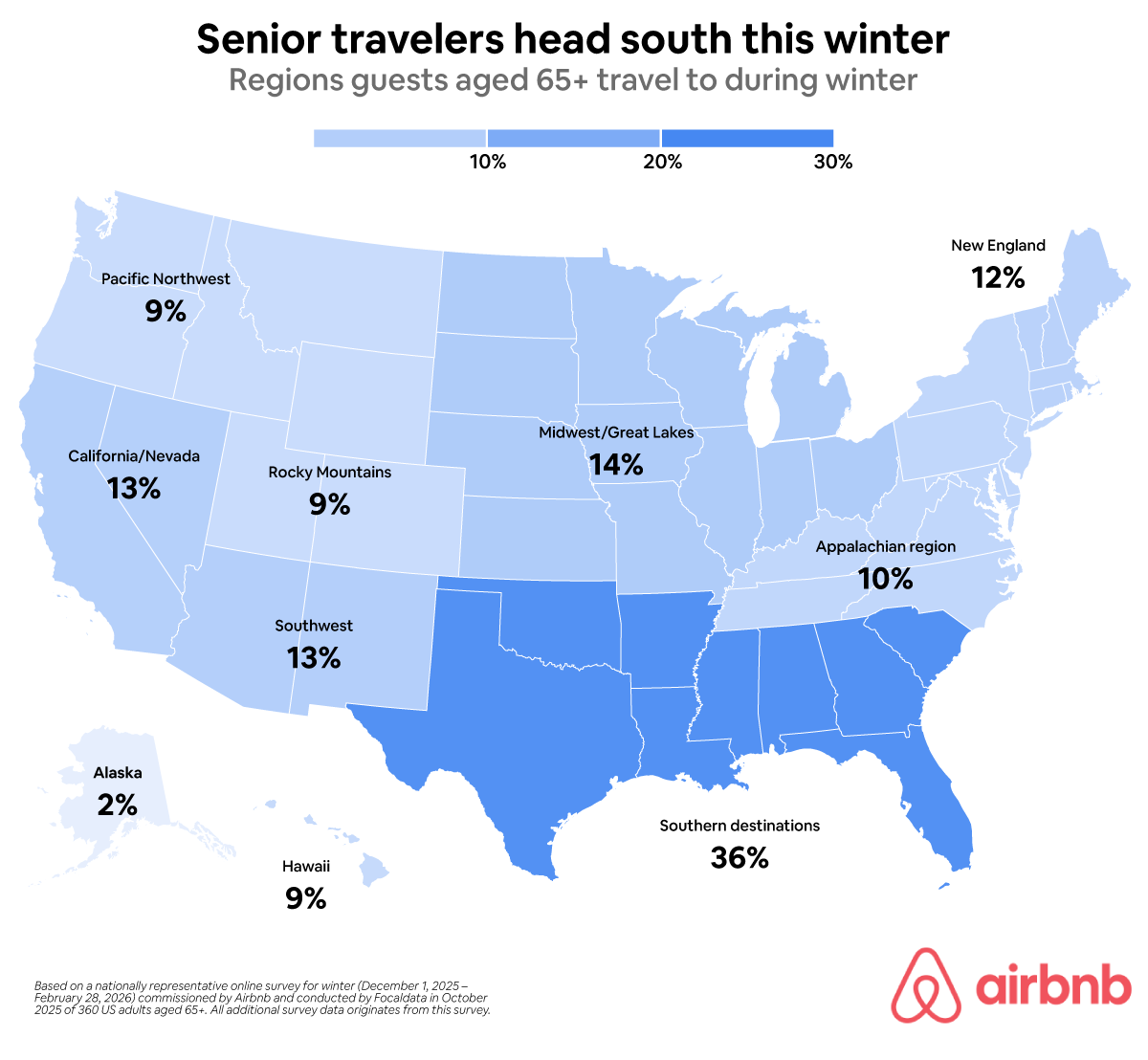 A US map showing where senior travelers are heading this winter - with the majority going to the south.