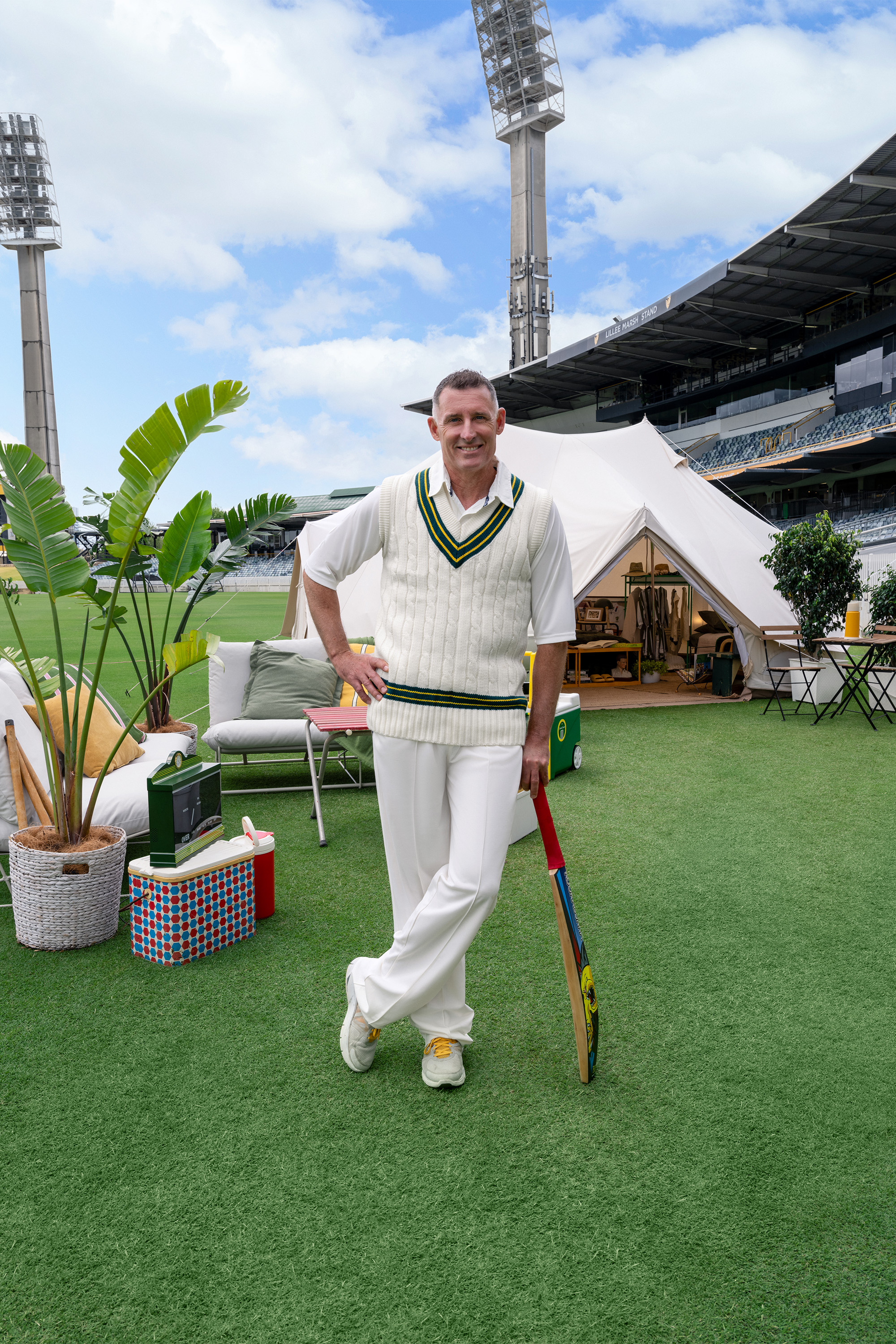 Mike Hussey out the front of the Airbnb on the WACA Ground