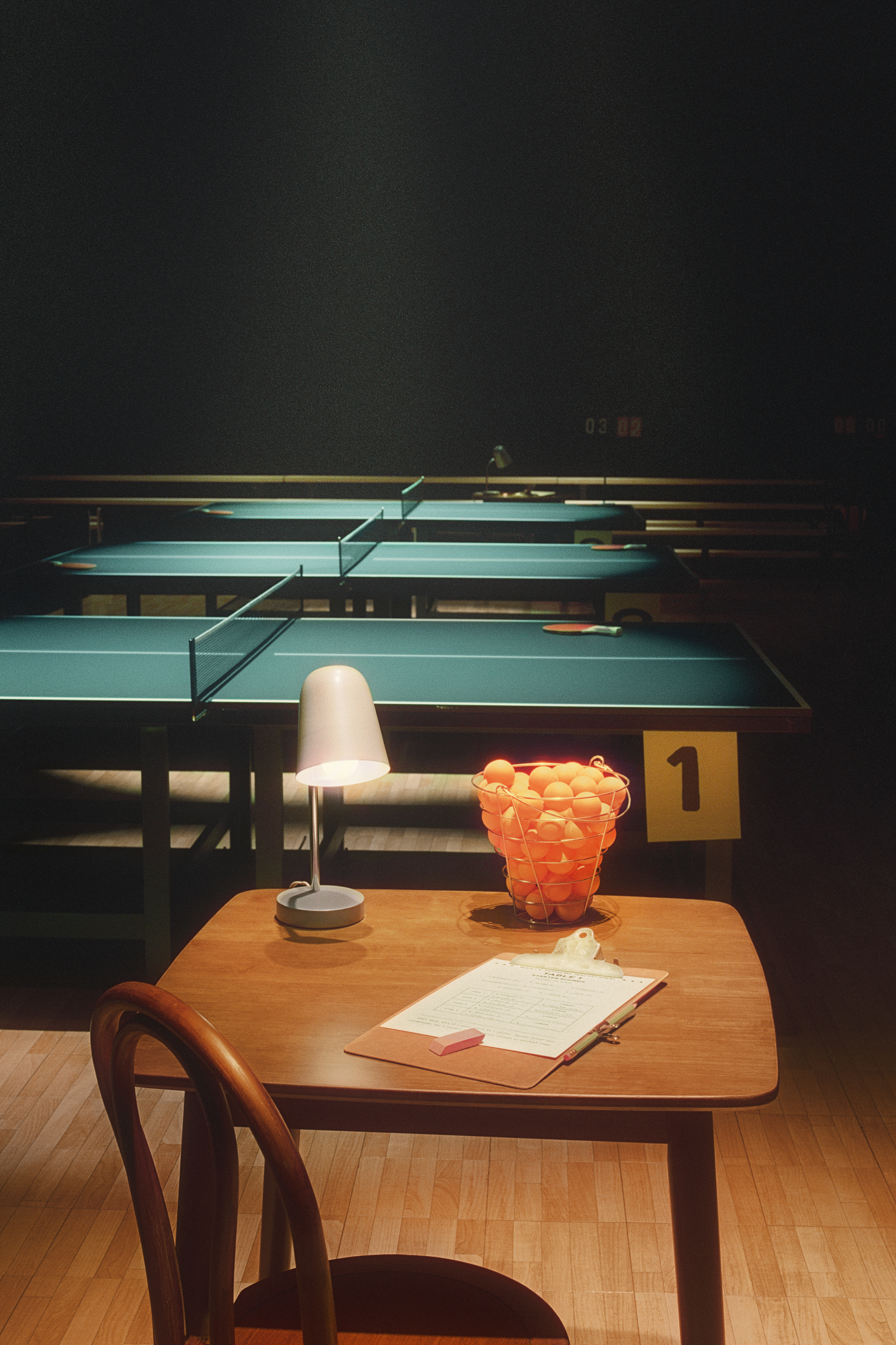 Table with a lamp, bucket of table tennis balls, and a sign-up sheet with 3 table tennis tables behind it